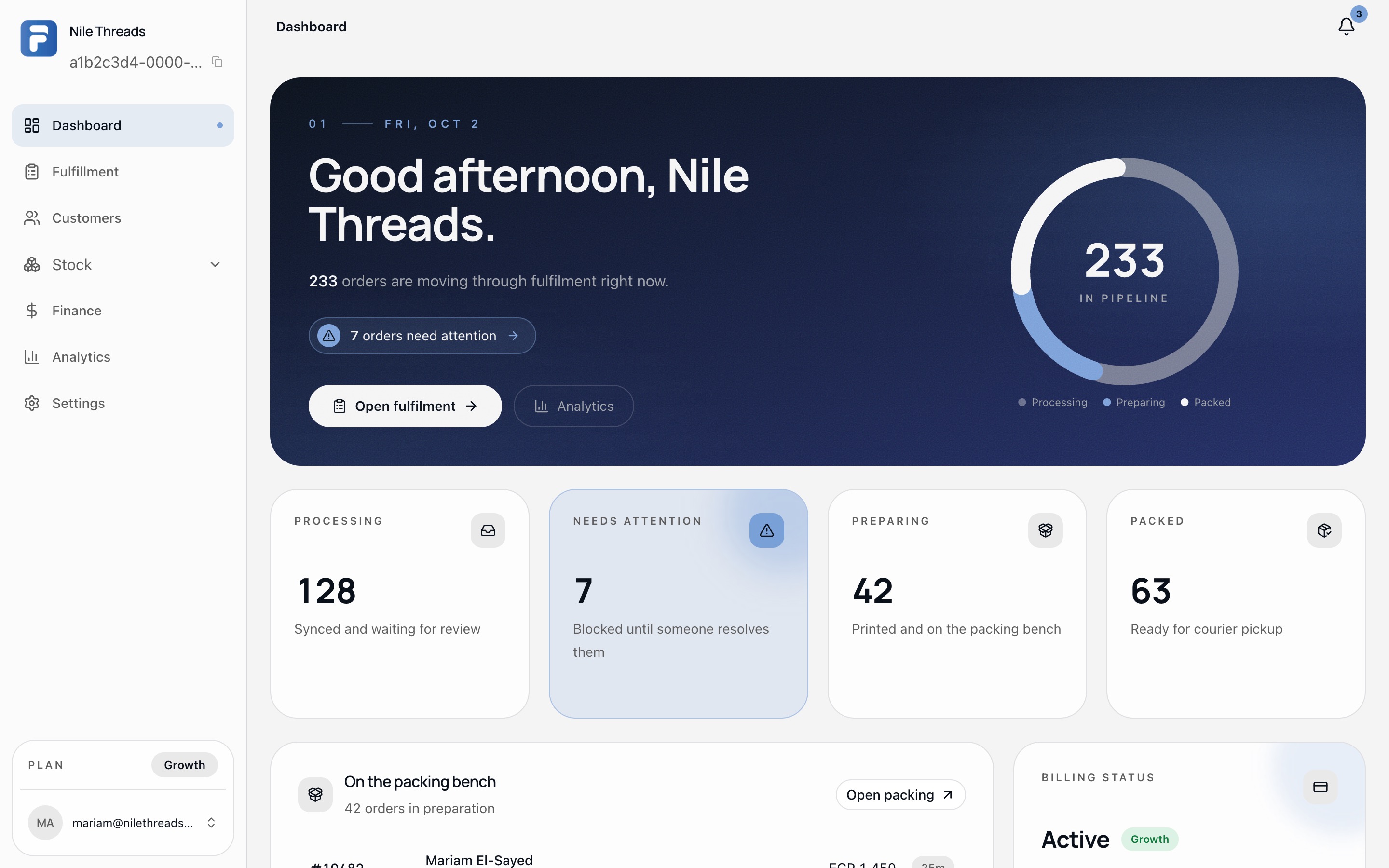 FulPulse dashboard showing orders in the pipeline, orders needing attention, and counts for processing, preparing and packed orders.